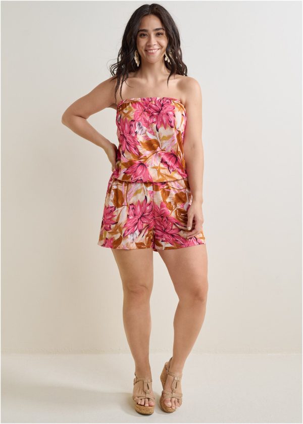 Strapless Casual Romper - Pink Multi