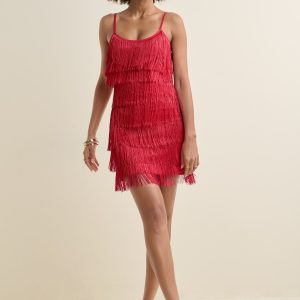 Tiered Fringe Mini Dress - Red