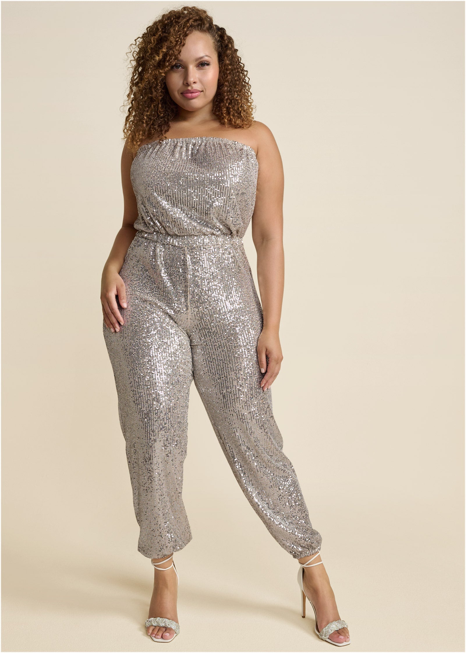 Strapless Sequin Jumpsuit - Champagne - Image 7