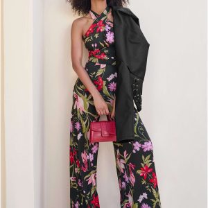 Cross-Neck Halter Jumpsuit - Black Multi