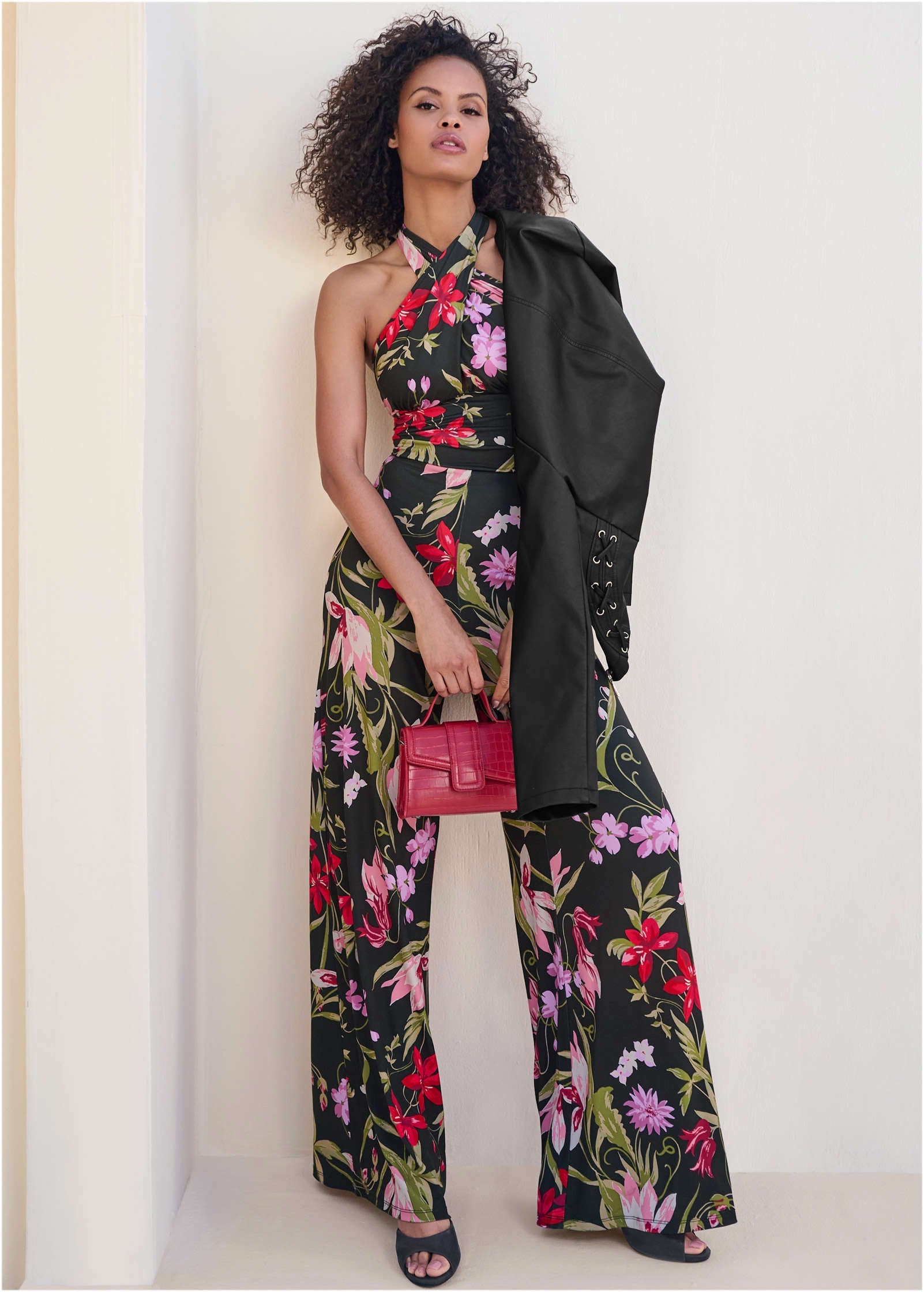 Cross-Neck Halter Jumpsuit - Black Multi - Image 1