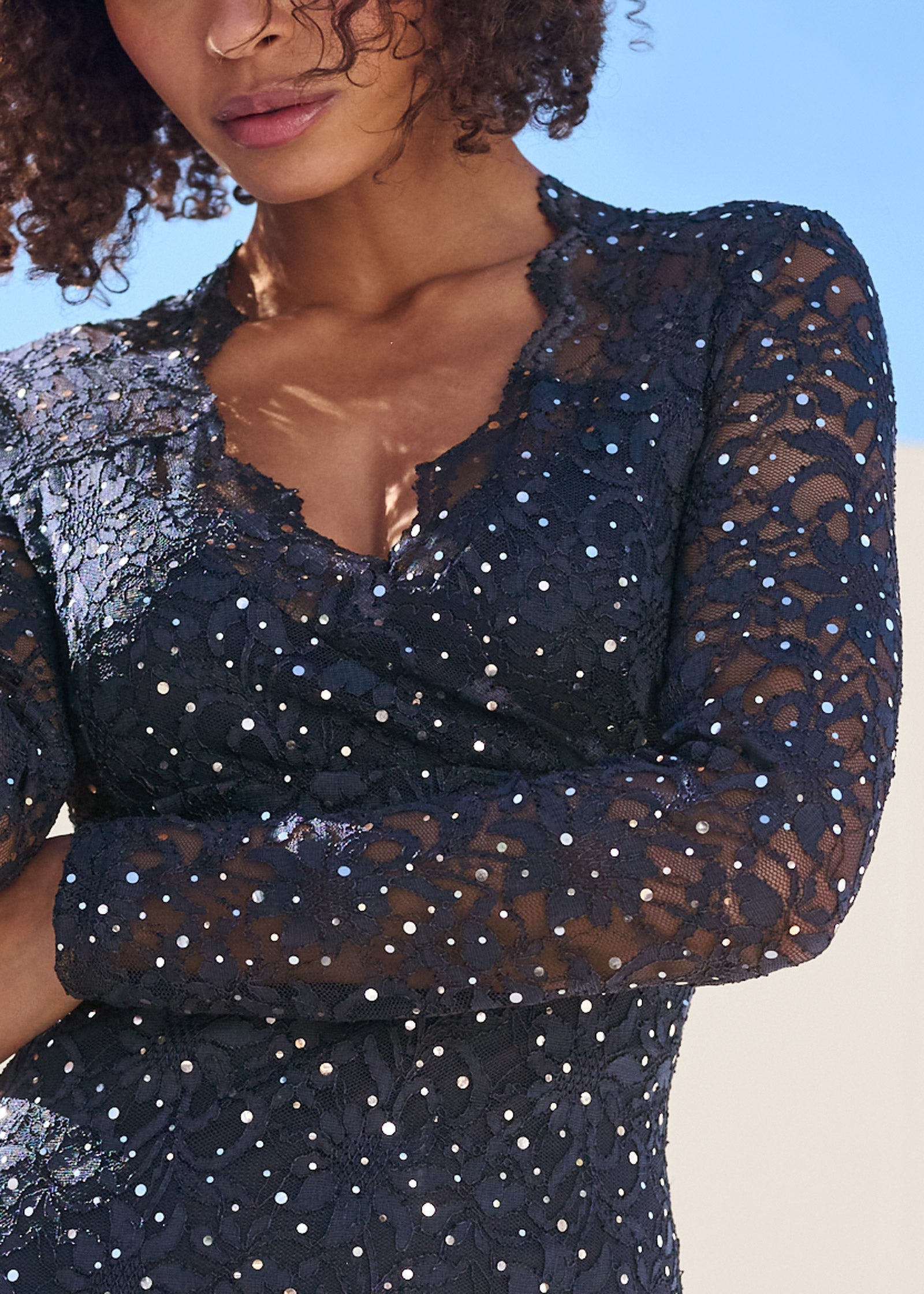 Lace Sparkle Mini Dress - Navy - Image 3