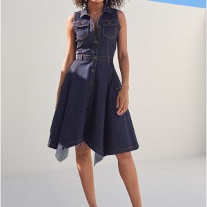 Button-Front Denim Dress - Indigo Blue