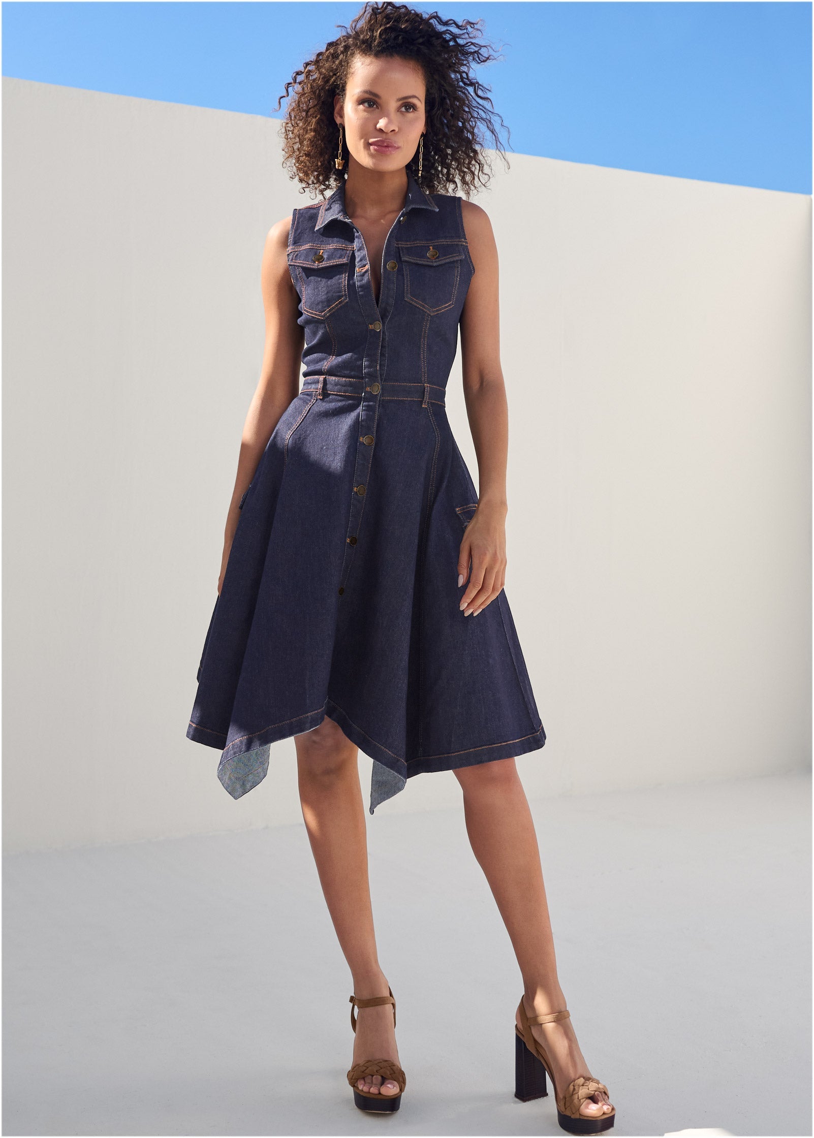 Button-Front Denim Dress - Indigo Blue - Image 1