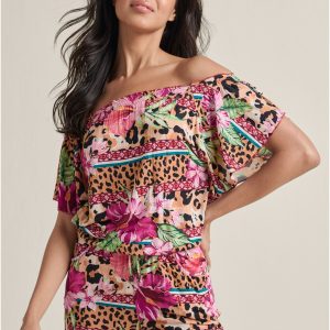 Off-The-Shoulder Romper - Beige Multi