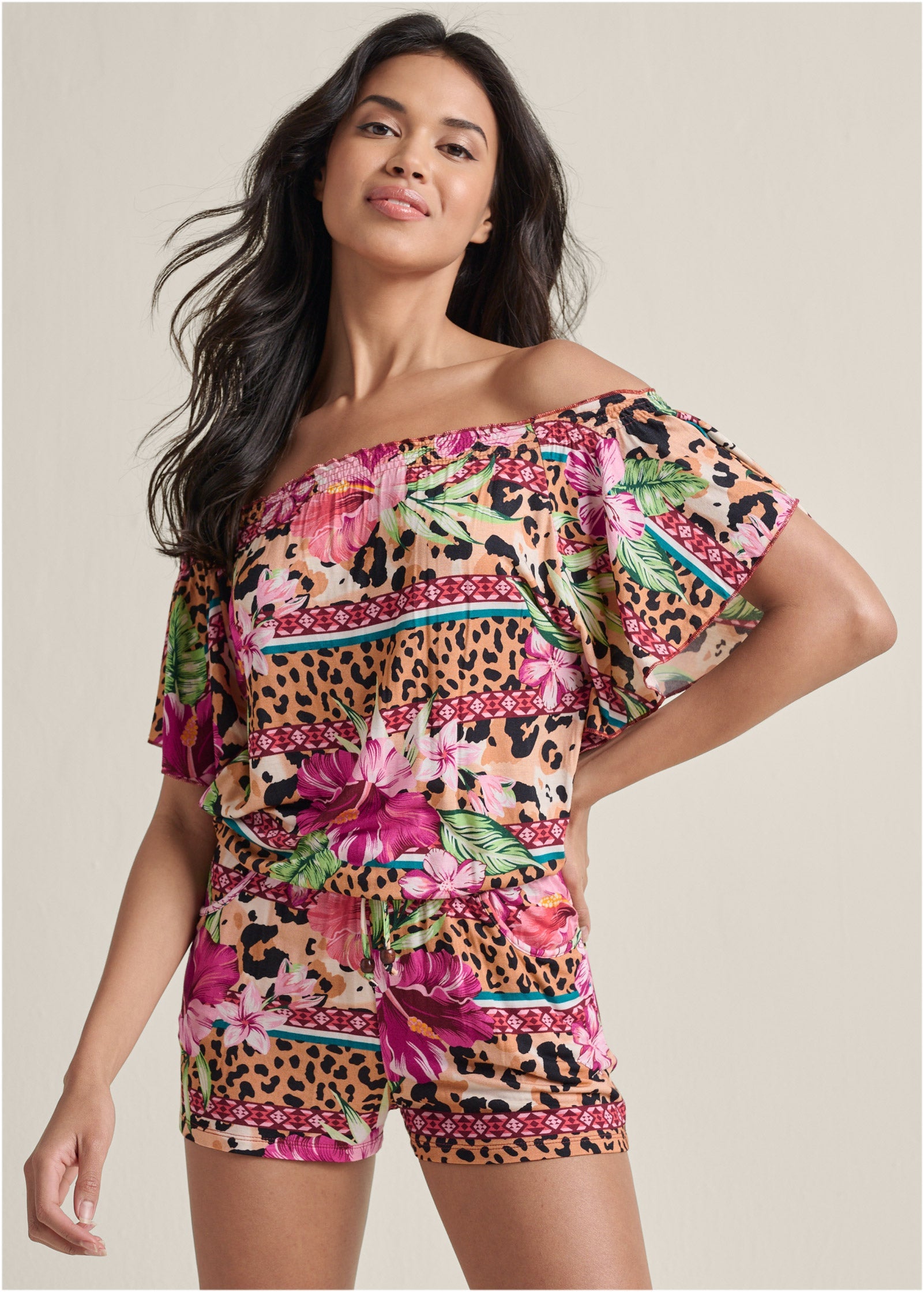 Off-The-Shoulder Romper - Beige Multi - Image 1