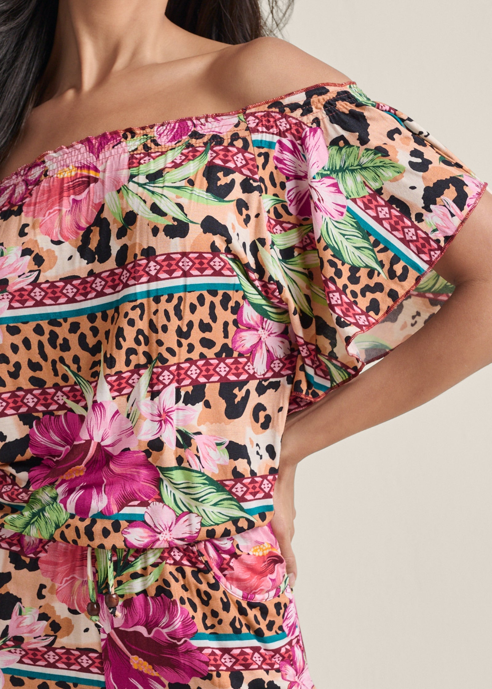 Off-The-Shoulder Romper - Beige Multi - Image 4