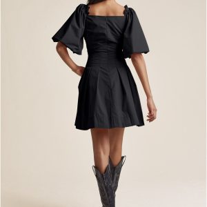 Puff Sleeve Taffeta Dress - Jet Black - Image 2