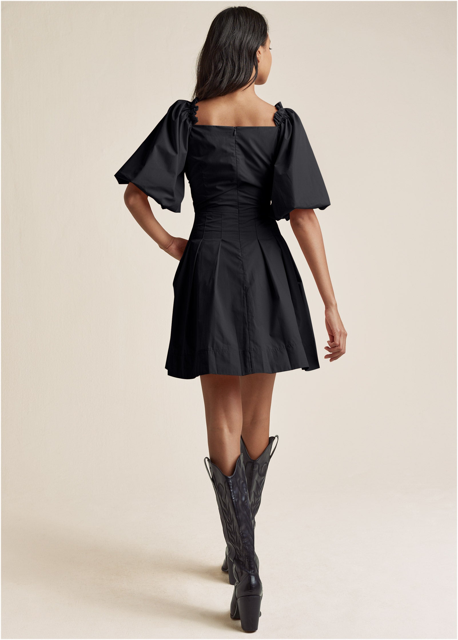 Puff Sleeve Taffeta Dress - Jet Black - Image 2