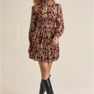 Smocked Waist Jaquard Mini Dress - Wine & Gold