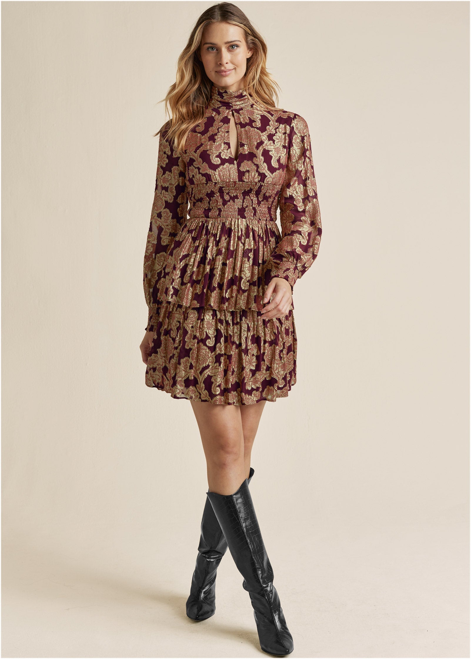 Smocked Waist Jaquard Mini Dress - Wine & Gold - Image 1