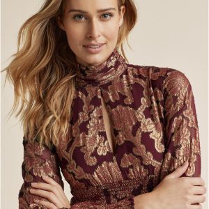 Smocked Waist Jaquard Mini Dress - Wine & Gold - Image 4