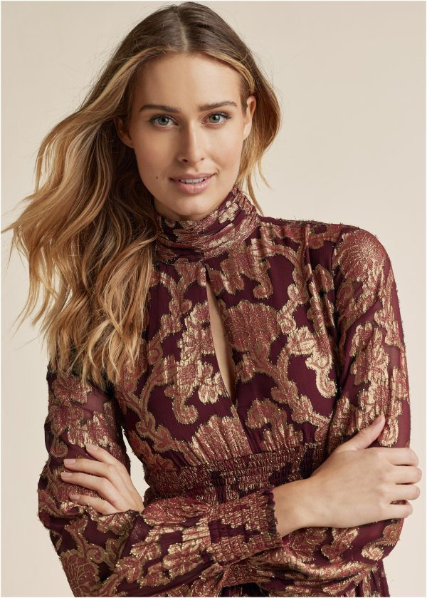 Smocked Waist Jaquard Mini Dress - Wine & Gold