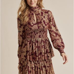 Smocked Waist Jaquard Mini Dress - Wine & Gold - Image 2