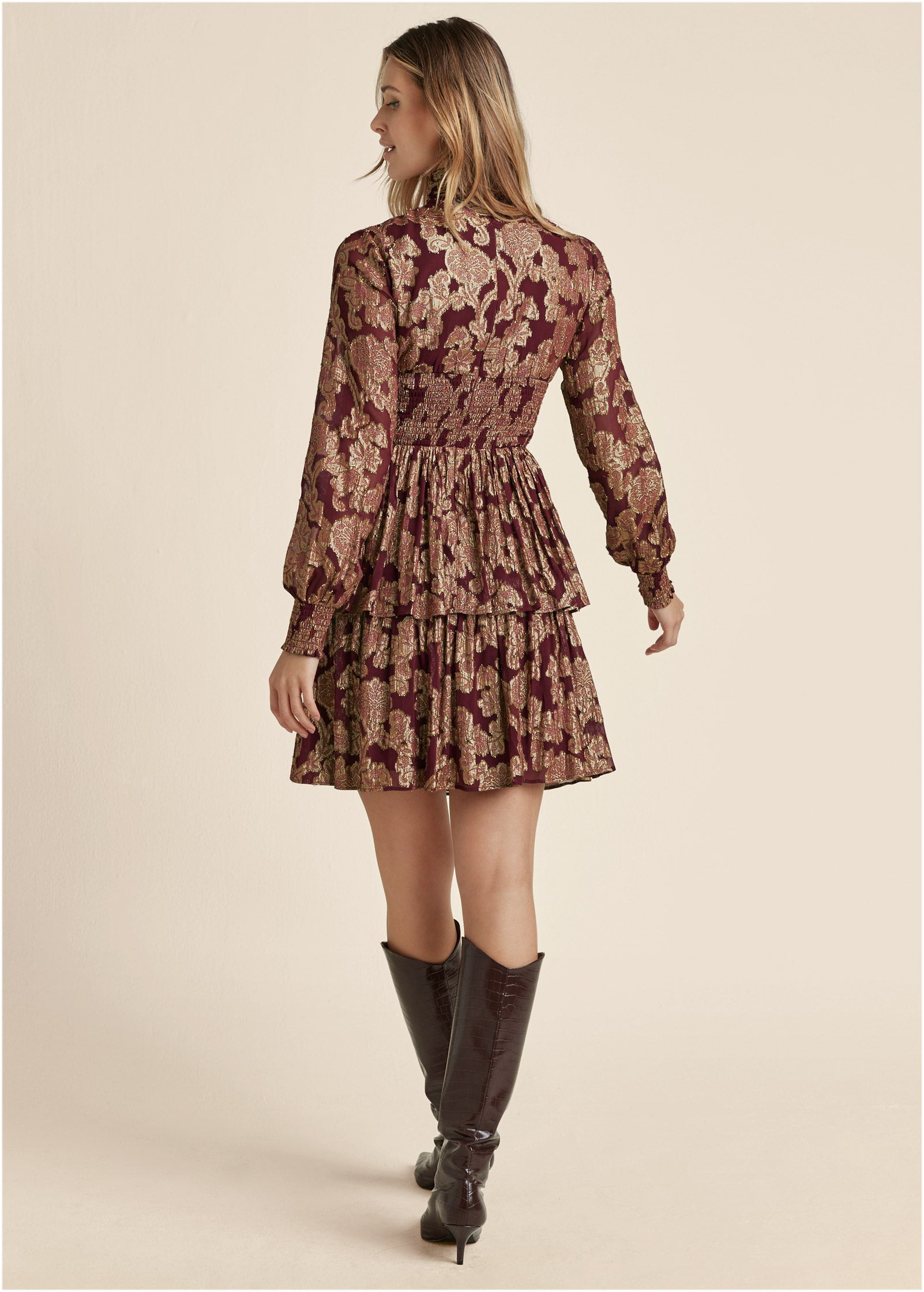 Smocked Waist Jaquard Mini Dress - Wine & Gold - Image 3