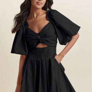 Puff Sleeve Taffeta Dress - Jet Black