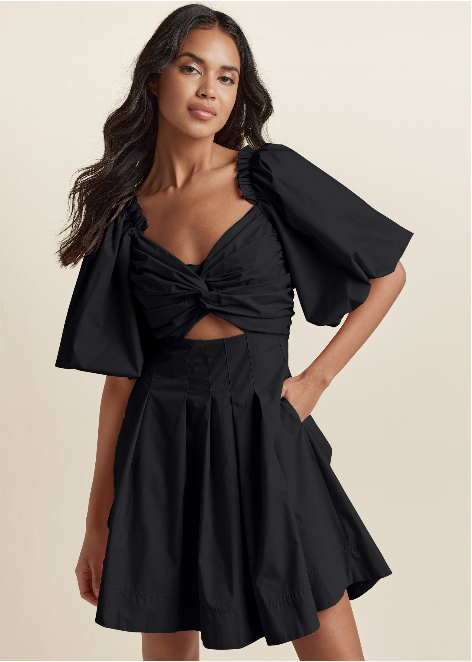 Puff Sleeve Taffeta Dress - Jet Black - Image 1