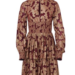 Smocked Waist Jaquard Mini Dress - Wine & Gold - Image 6