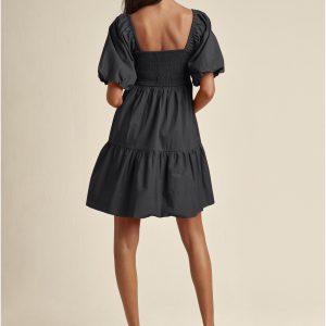 Puff Sleeve Mini Dress - Jet Black - Image 3