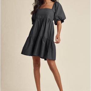 Puff Sleeve Mini Dress - Jet Black - Image 2