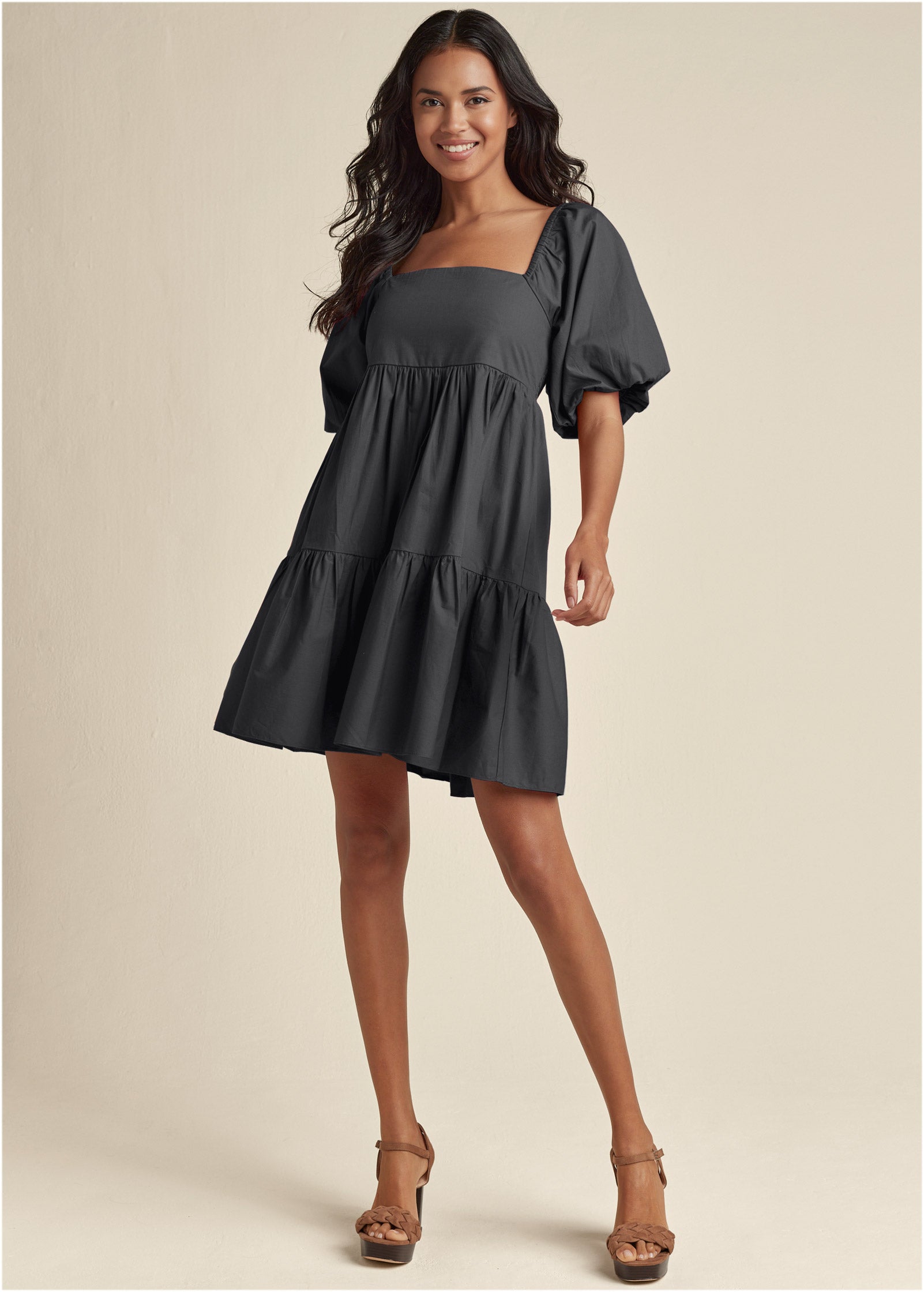 Puff Sleeve Mini Dress - Jet Black - Image 2