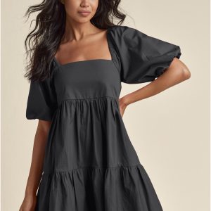 Puff Sleeve Mini Dress - Jet Black