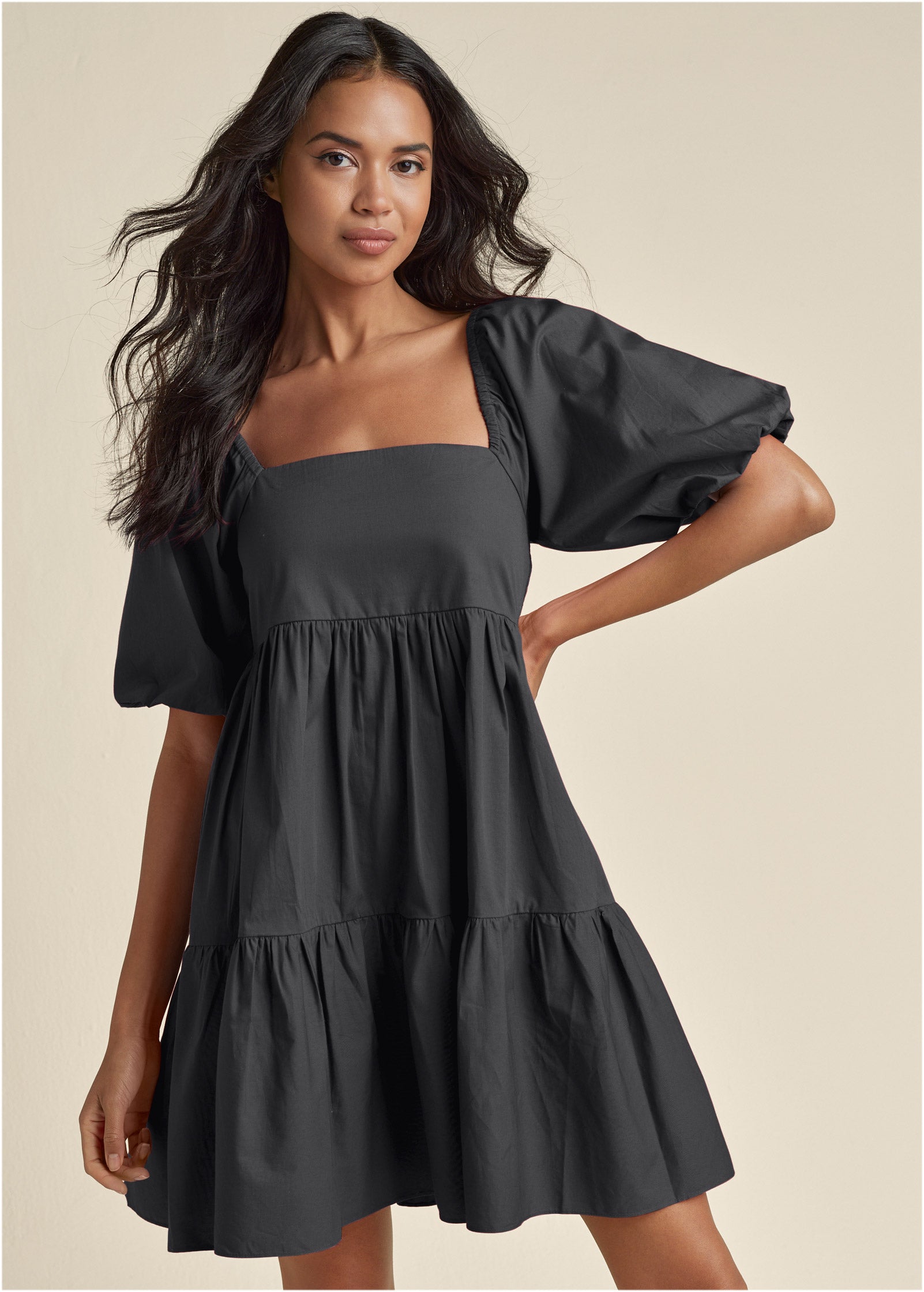 Puff Sleeve Mini Dress - Jet Black - Image 1