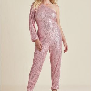Sequin One-Shoulder Jumpsuit - Peach - Image 12