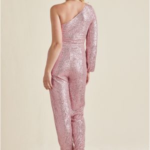 Sequin One-Shoulder Jumpsuit - Peach - Image 11
