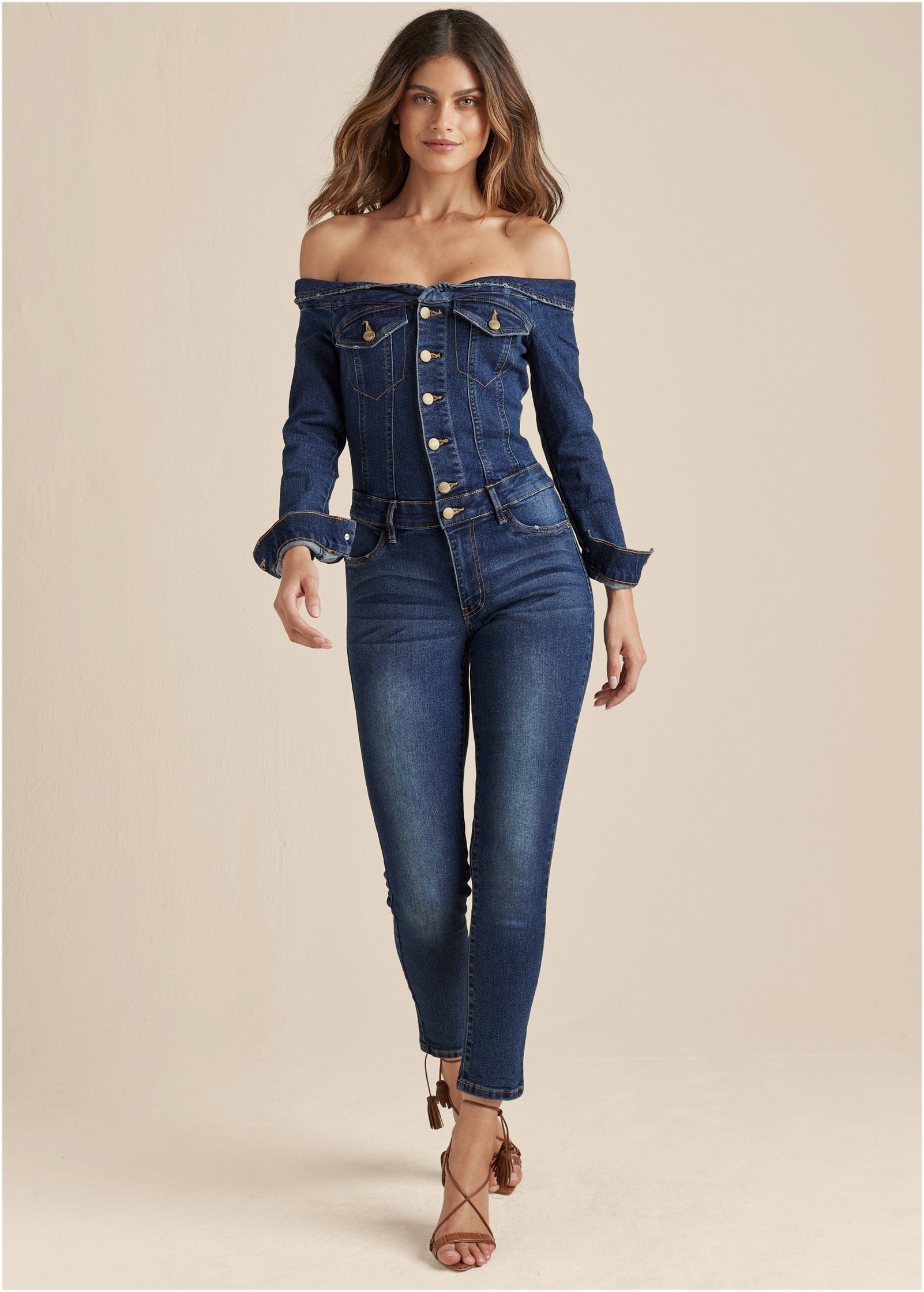 Off-The-Shoulder Denim Jumpsuit - Dark Wash - Image 6