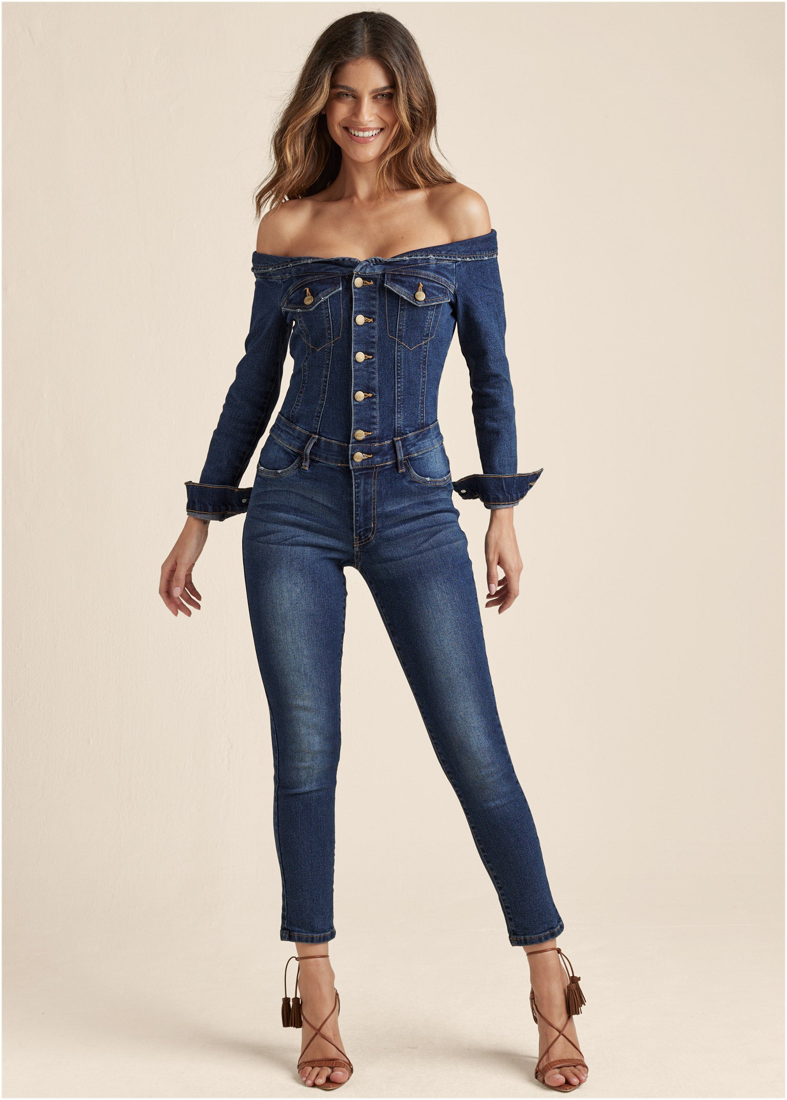 Off-The-Shoulder Denim Jumpsuit - Dark Wash - Image 1