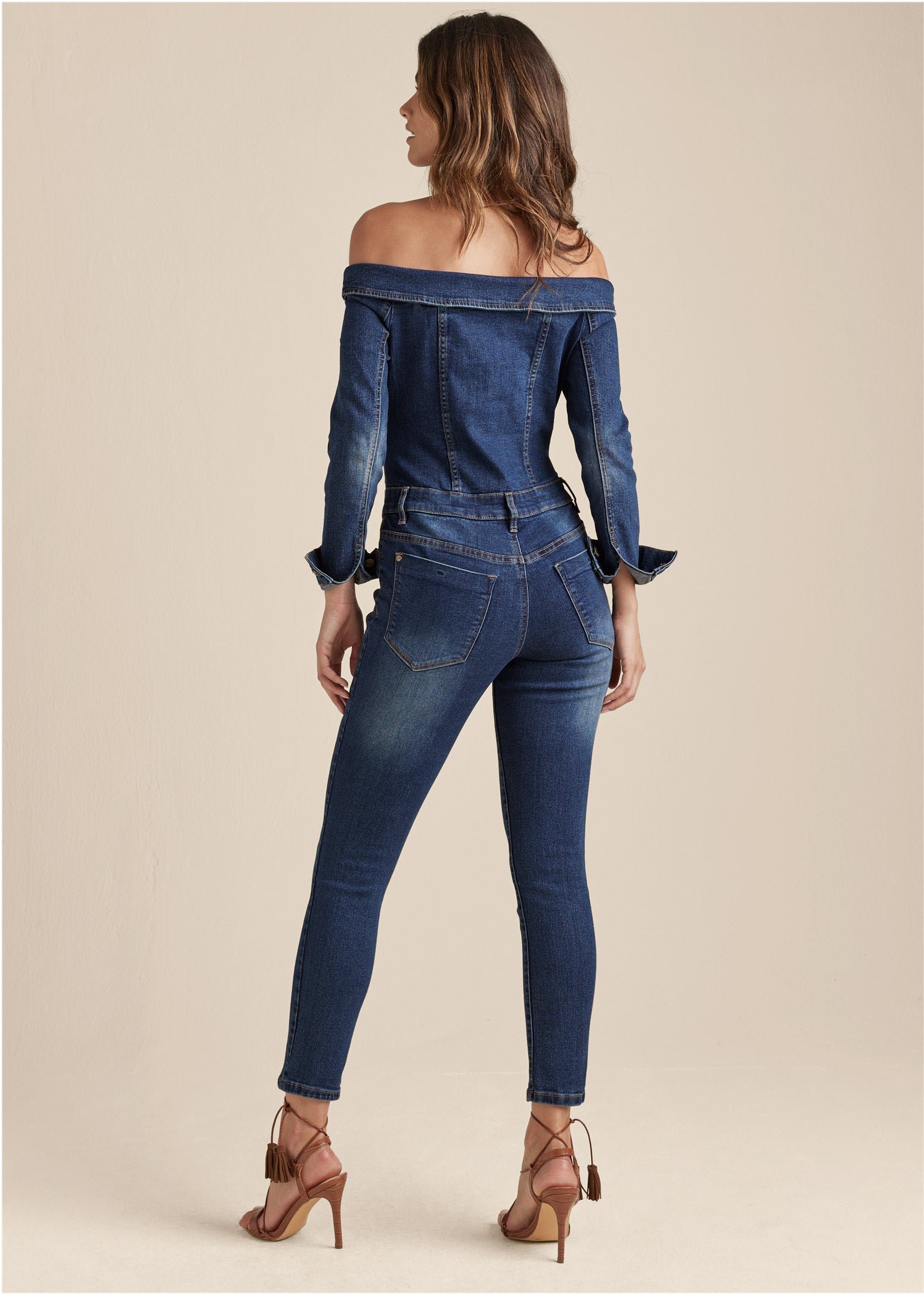 Off-The-Shoulder Denim Jumpsuit - Dark Wash - Image 2