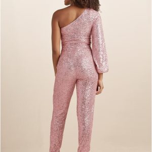 Sequin One-Shoulder Jumpsuit - Peach - Image 2