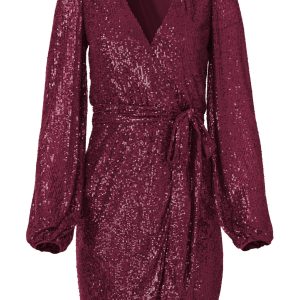 Belted Sequin Wrap Dress - Wine - Image 5