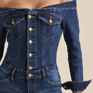 Off-The-Shoulder Denim Jumpsuit - Dark Wash - Image 3