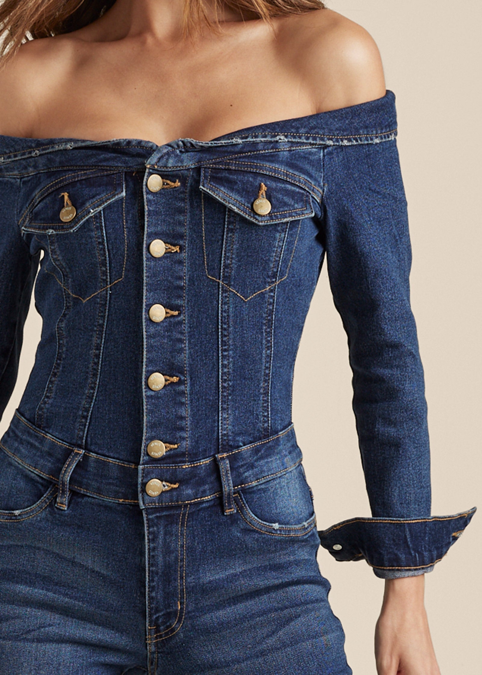 Off-The-Shoulder Denim Jumpsuit - Dark Wash - Image 3