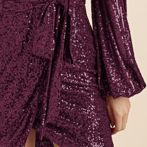 Belted Sequin Wrap Dress - Wine - Image 4