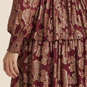 Smocked Waist Jaquard Mini Dress - Wine & Gold - Image 5