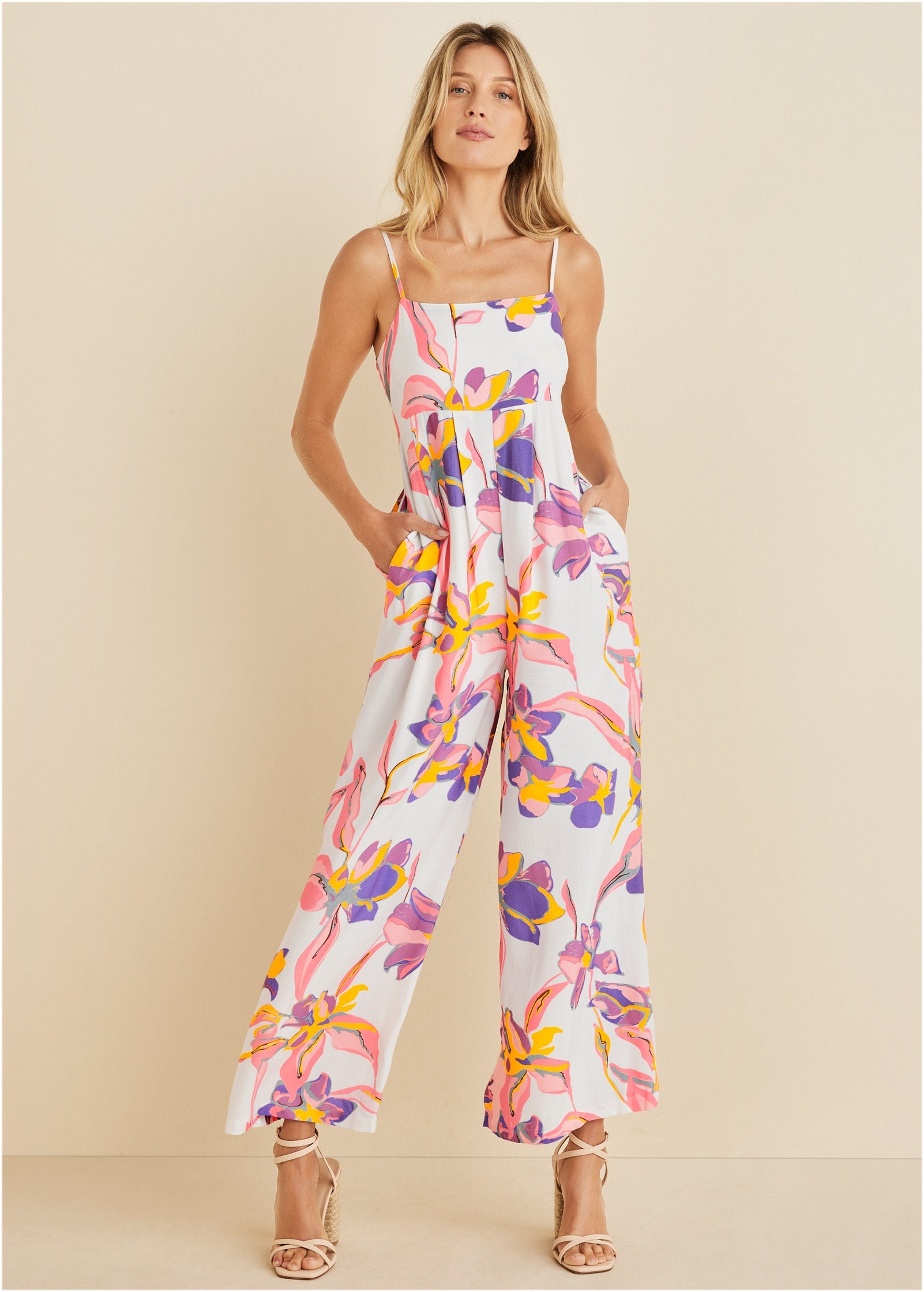 Square Neck Printed Jumpsuit  - White Multi - Image 1