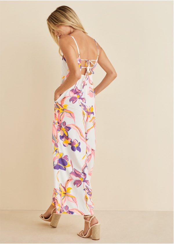 Square Neck Printed Jumpsuit - White Multi