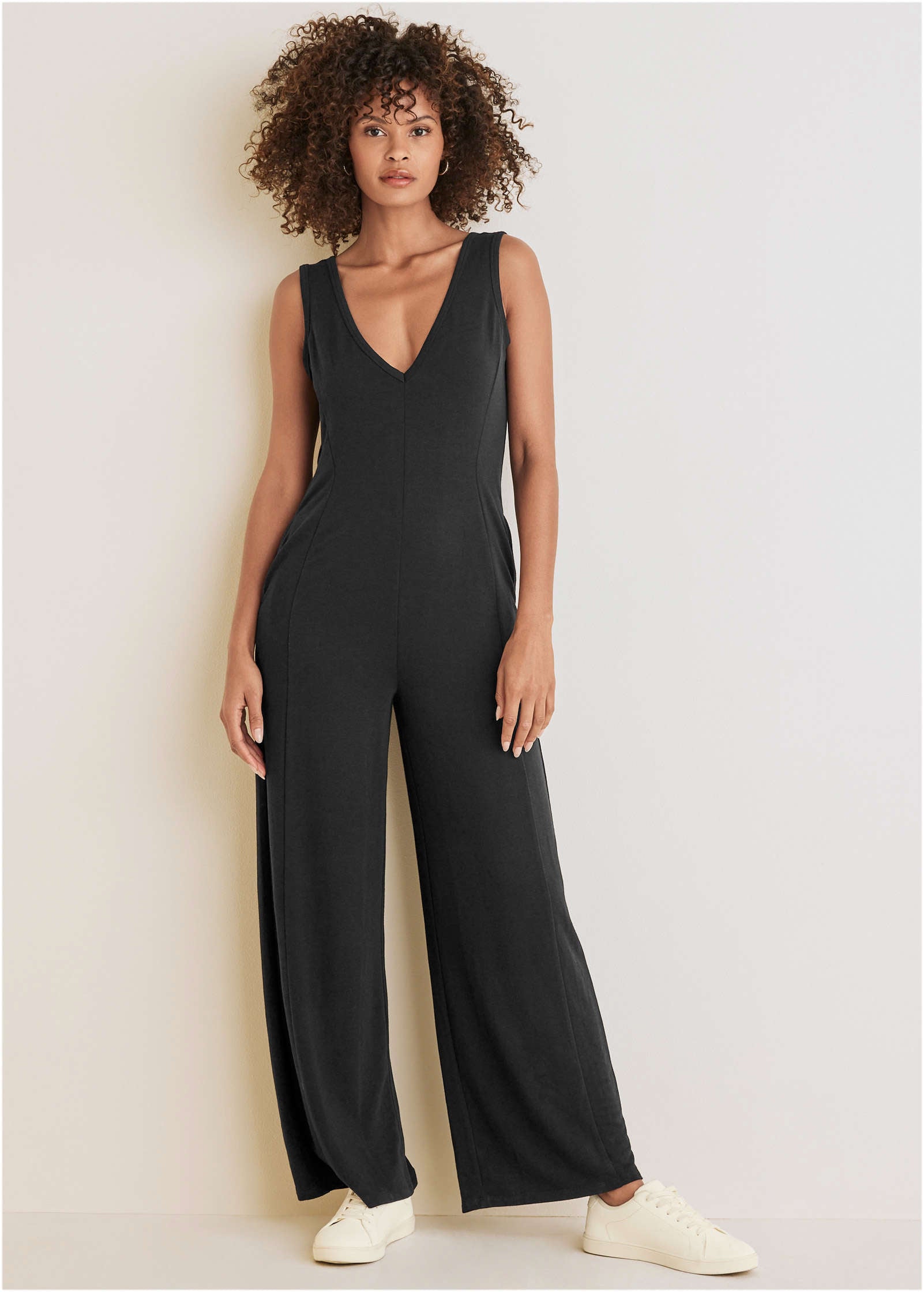Relaxed V-Neck Jumpsuit - Jet Black - Image 1