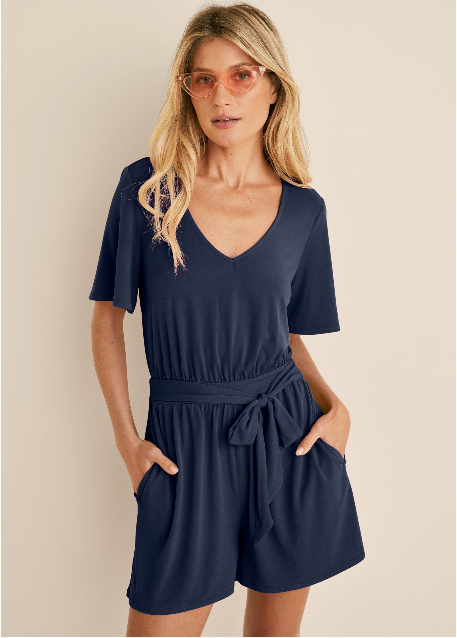 Tie Waist Romper - Navy - Image 6
