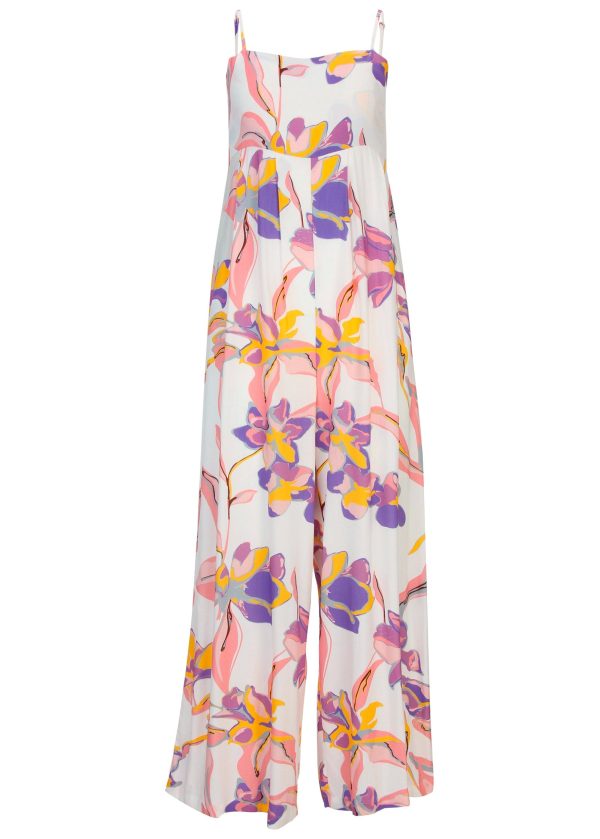 Square Neck Printed Jumpsuit - White Multi