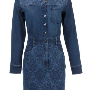 Lace Print Denim Mini Dress - Medium Wash - Image 4