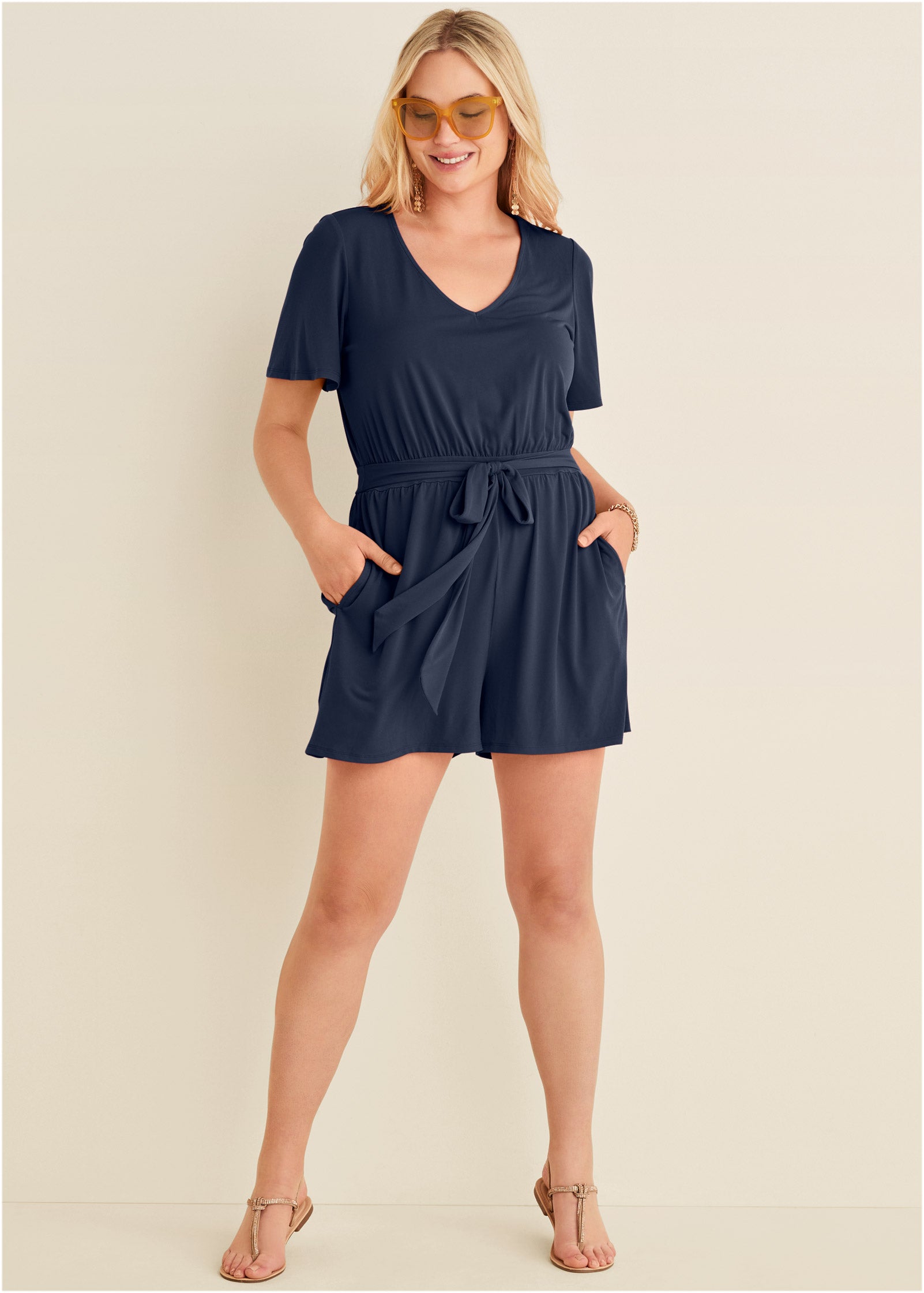 Tie Waist Romper - Navy - Image 7