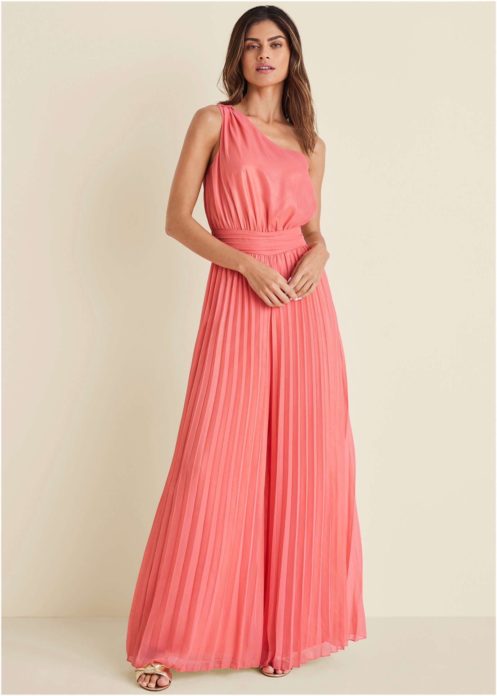 Gold Foil Pleated Jumpsuit - Coral - Image 1