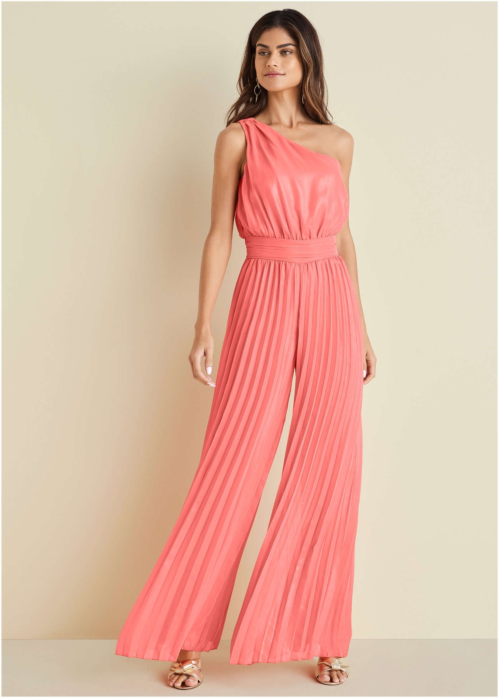 Gold Foil Pleated Jumpsuit - Coral - Image 4
