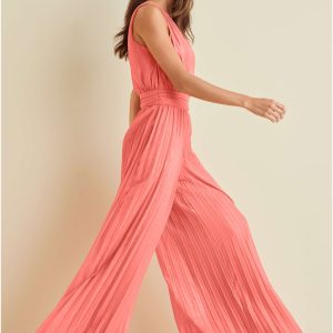 Gold Foil Pleated Jumpsuit - Coral - Image 3