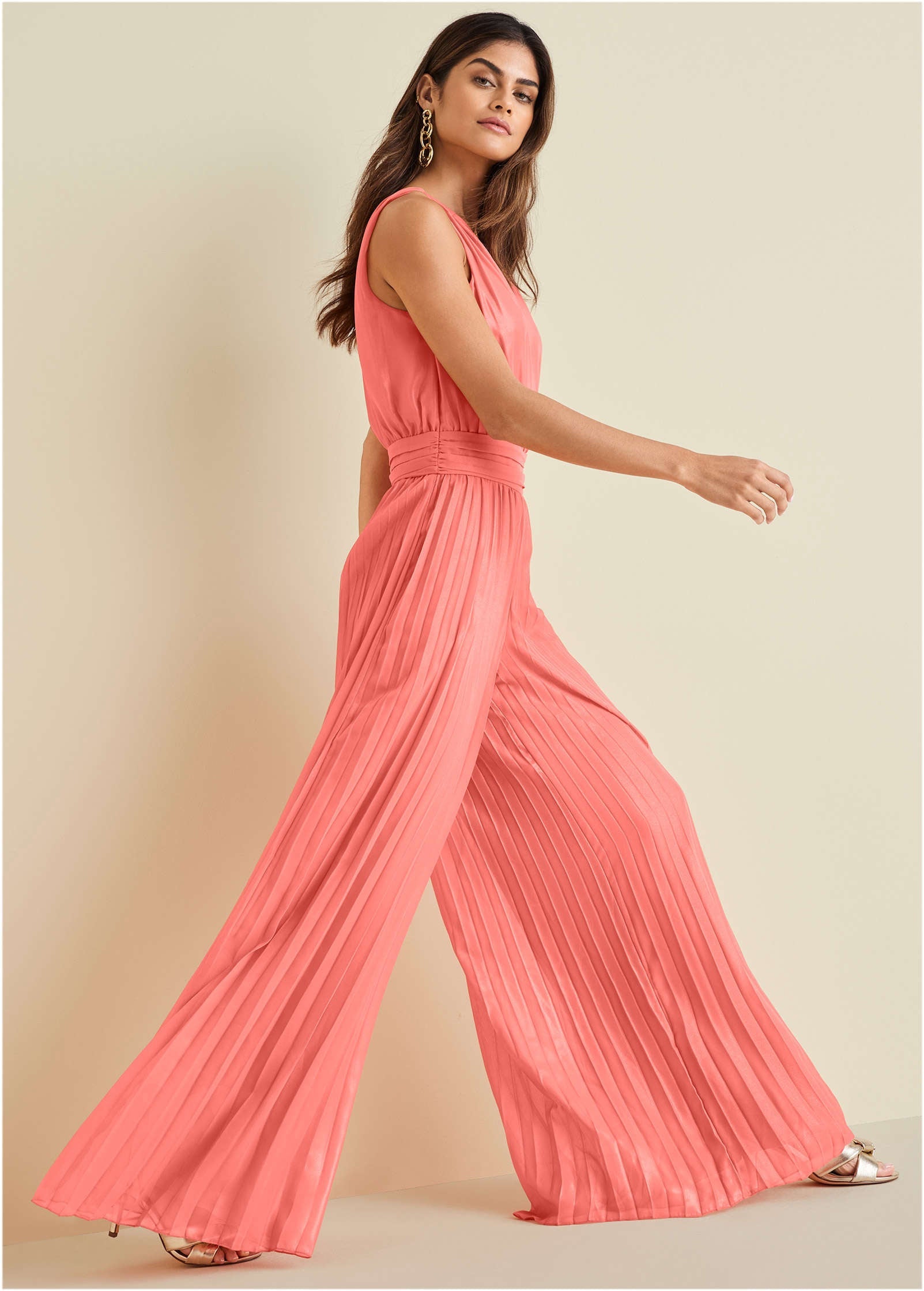 Gold Foil Pleated Jumpsuit - Coral - Image 3
