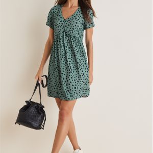 Printed V-Neck Dress - Green & Black - Image 2